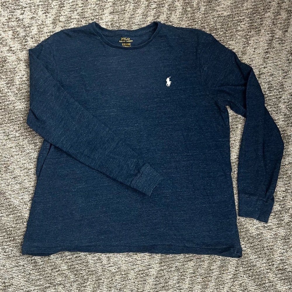 Polo by Ralph Lauren Men's Deep Blue Long Sleeve Tee. Custom Slim Fit